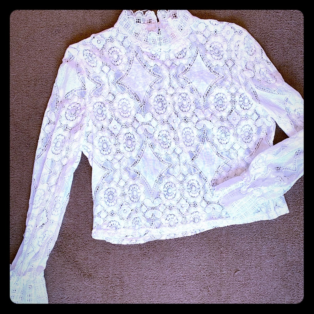 High neck white lace blouse
